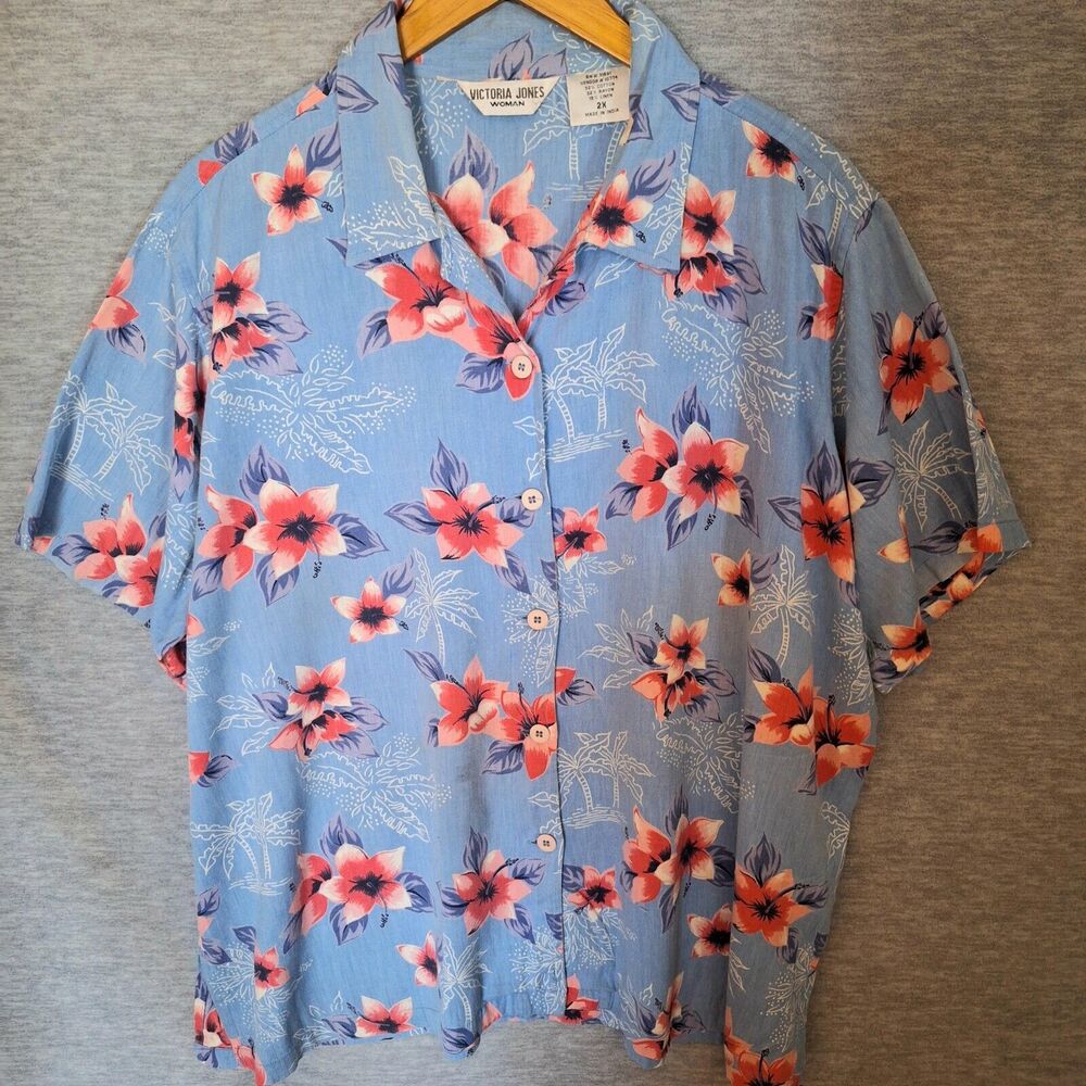 Womens Hawaiian Shirt Floral Plus 2X 2XL Button Down Tropical Beach Summer Vacay